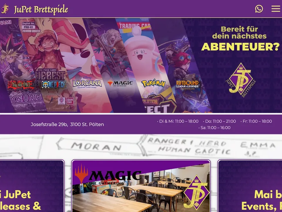 Startseite von JUPET Brettspiele mit Produkt- und Markenauftritt