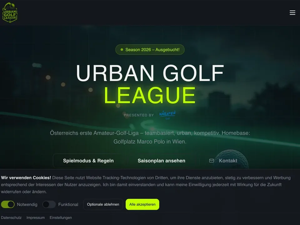 Startseite der Urban Golf League mit Navigation und Spielkonzept